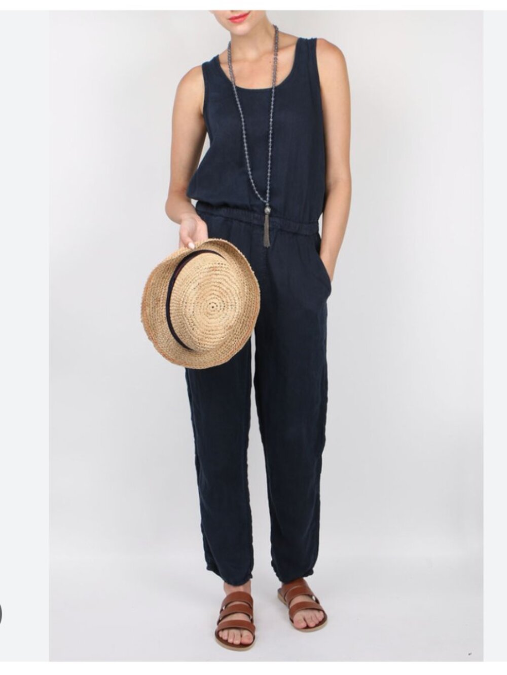 MOTHER scooped sleeveless jumpsuit in navy linen blend XS